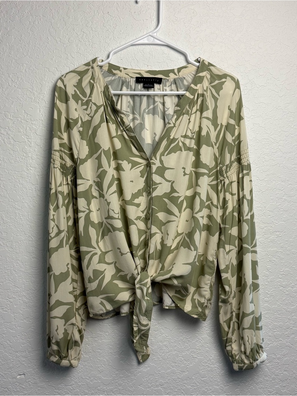 Sanctuary Floral Tie Front Blouse Size L Green Ivory Long Sleeve